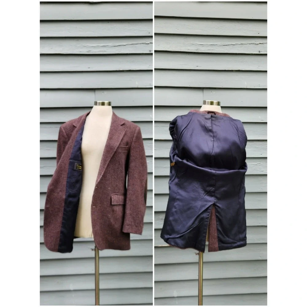 Vintage Foreman & Clark Blazer Purple‎ Brown Herringbone Tweed Elbow Patches Lg